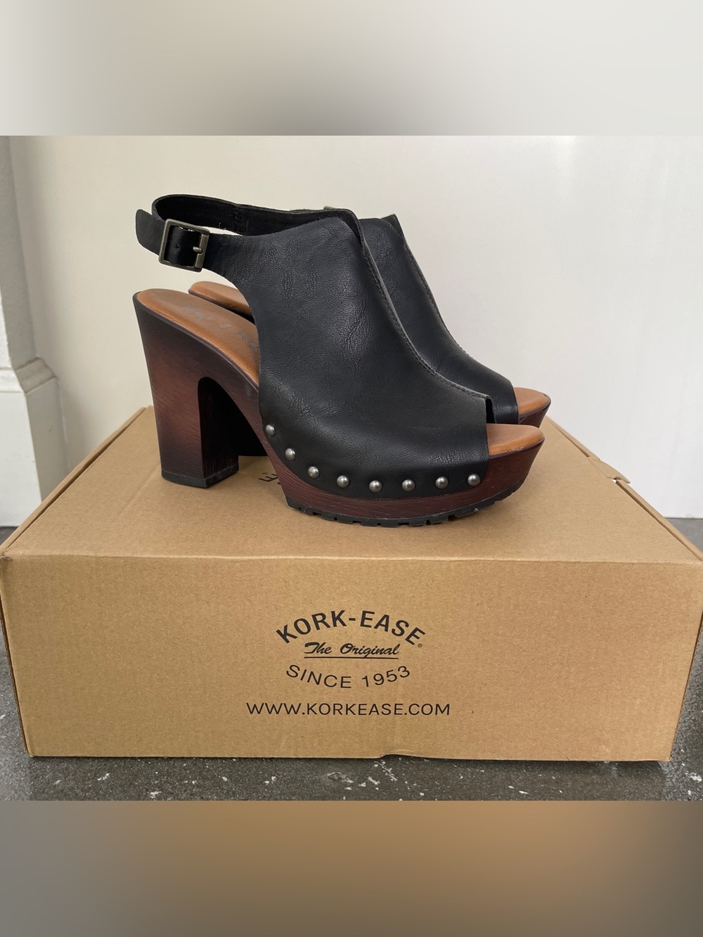 Kork-Ease Black Leather Studded Platform Slingback Heels